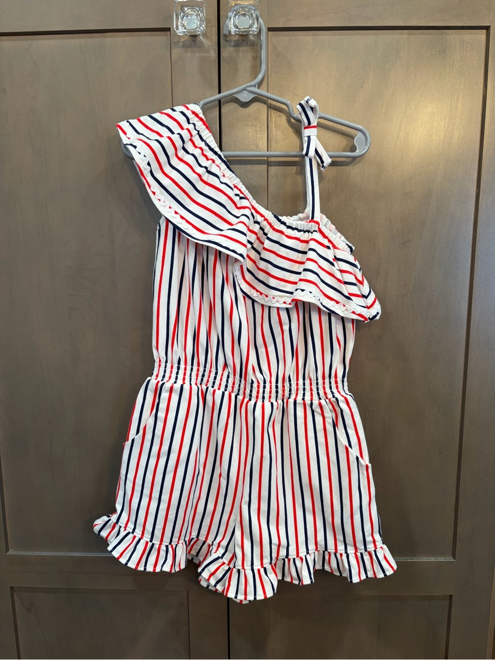 Janie and Jack Red, Navy & White One-Shoulder Striped Romper